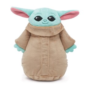 May include: A plush toy of the character Baby Yoda from the Star Wars series The Mandalorian. The toy is wearing a brown robe and has large, black eyes.