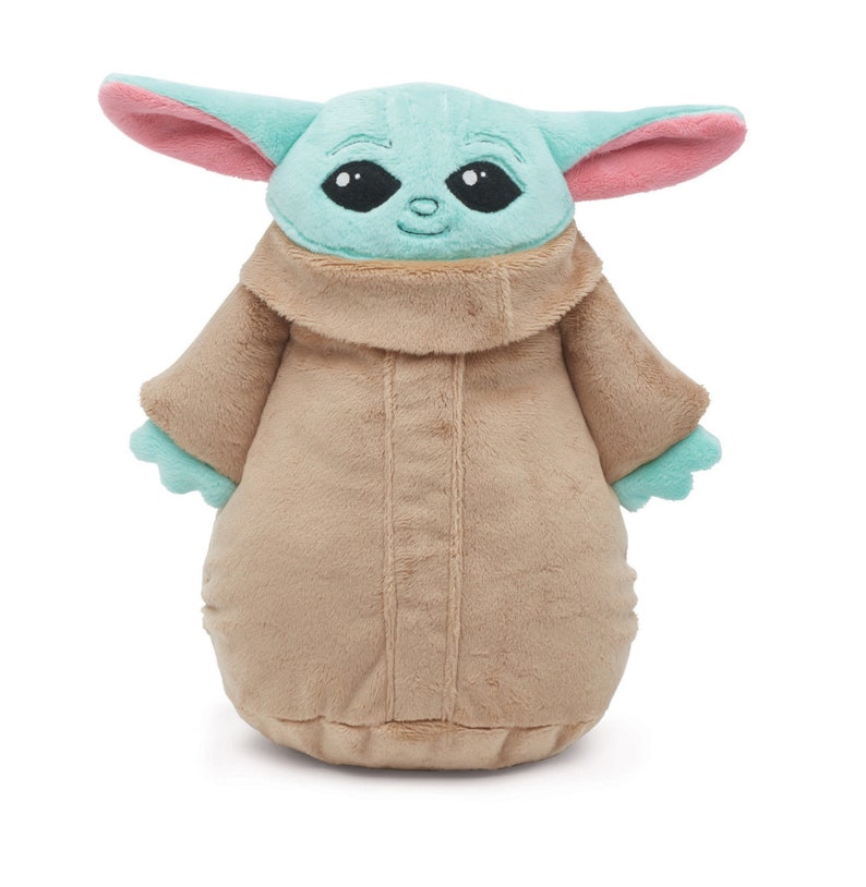 May include: A plush toy of the character Baby Yoda from the Star Wars series The Mandalorian. The toy is wearing a brown robe and has large, black eyes.