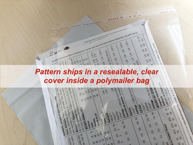 May include: A clear resealable plastic bag with a white polymailer bag inside. The polymailer bag has a printed pattern on it. The text on the polymailer bag reads "Pattern ships in a resealable, clear cover inside a polymailer bag."