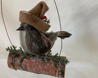 Christmas Ornament: bird with Felt Hat, Winter Greenery, Wood Perch,