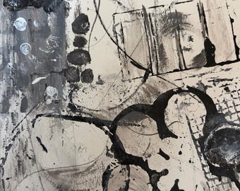 Black and white abstract original painting, 5.5” x 5.5” on Arches watercolor paper