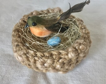 Crochet Bird Nest with Robin and Egg: Spring Decor (4.5 inches)
