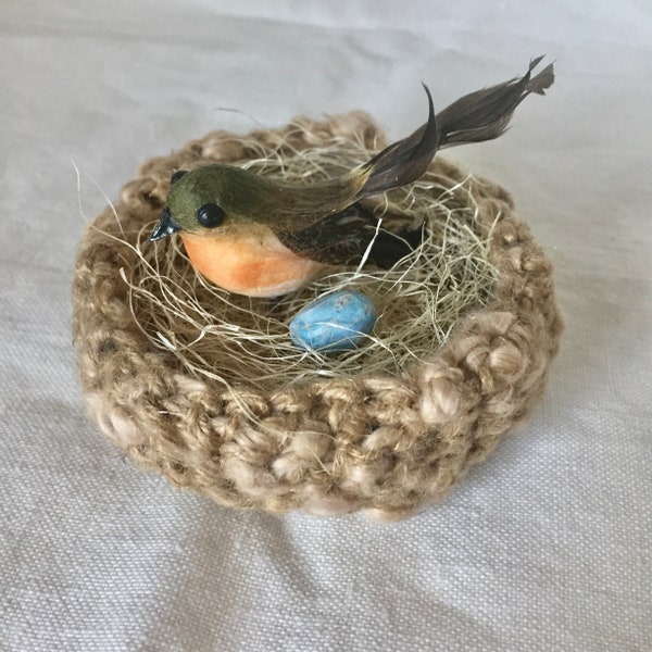 Bird nest with robin, crochet bird nest, spring bird and nest, Easter nest decor, natural linen and cotton, nature inspired decor