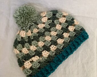 Crochet Pom Pom Winter Hat, Wool Acrylic Blend yarn, Washable