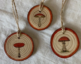 Mushroom Wood Slice Ornaments: Rustic Woodland Decor, Set of 3