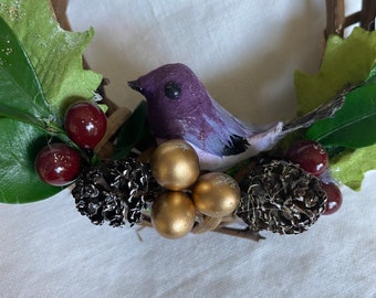 Bird wreath , maroon bird in grapevine wreath, ornament with preserved boxwood, gold and maroon berries