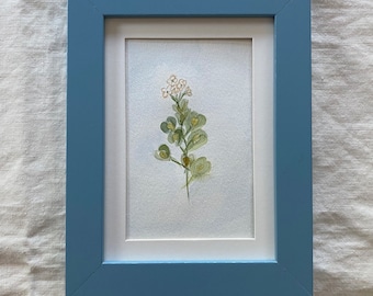 Botanical watercolor art, hand painted original, blue metal frame, 8.5” x 6.5”, wall art or easel stand for tabletop, pale blue and green,