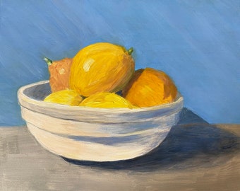 Lemons Painting: Original Acrylic Still Life, Kitchen Art (10.25” x 12.25” Framed)