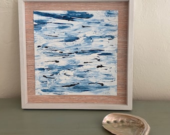 Ocean Art Painting: Modern Blue & White Acrylic, 7x7 Framed