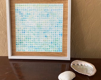 Geometric Acrylic Painting: Ocean Colors, White Frame (7x7")