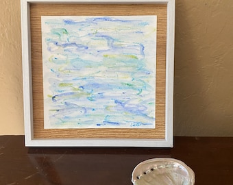 Coastal Ocean Art: Modern Acrylic Painting in White Frame (7x7)