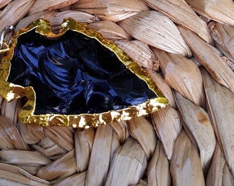 Black Obsidian Arrowhead 18 KT gold plated necklace with 17 inch black cord with optional free metal stamped initial charm