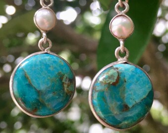 Blue Mojave Copper Turquoise and Pearl  Earrings - 925 silver ~ infused with Reiki