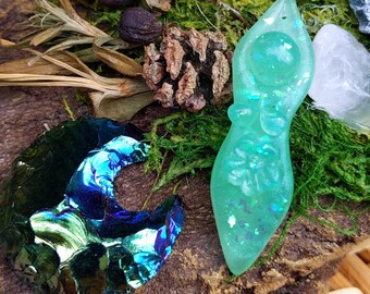 Goddess Mini and Titanium Coated Quartz Moon Crystal set  ~ infused with Reiki