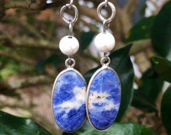 Sodalite and Pearl  Earrings - 925 silver ~ infused with Reiki and Love