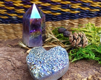 Titanium Coated Druzy Heart and Amethyst Tower Set - infused with Reiki