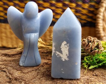 Crystal Angelite Angel and Tower  set  ~ infused with Reiki