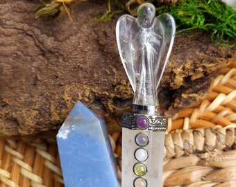 Crystal Chakra Quartz Angel Wand and Angelite Tower  set  ~ infused with Reiki