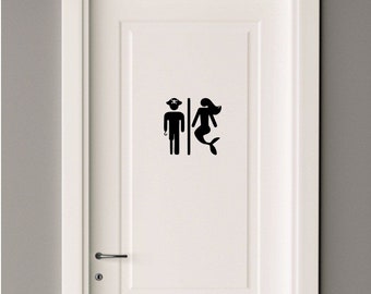 Pirate and Mermaid Restroom Decal | Pirate and Mermaid Toilet Sign | Nautical Bathroom Decal | Peg Leg Pirate and Mermaid| Door Sticker |