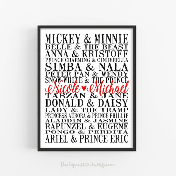 Personalized Disney Couples Art Print | Disney Gift | Wedding Gift | Anniversary Gift | Bridal Shower Gift | Engagement Gift | Christmas