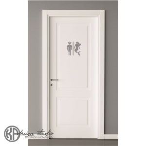 May include: A white door with a gray vinyl decal of a mermaid and a man with a captain's hat. The decal is a bathroom sign.
