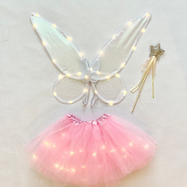 White light up fairy wing costume with gold star wand for girls pretend play pixie tinker bell light up fairy costume