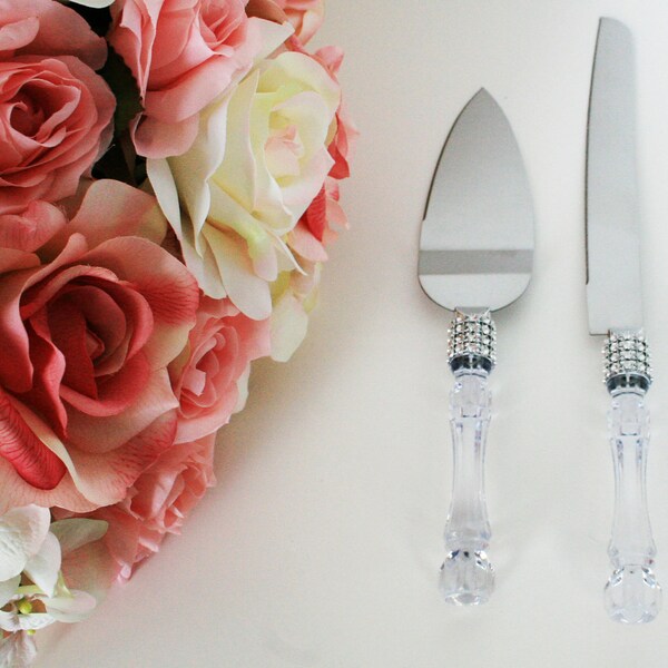 Wedding Party Cake Knife Server Set con mango de cristal falso y acentos de diamantes