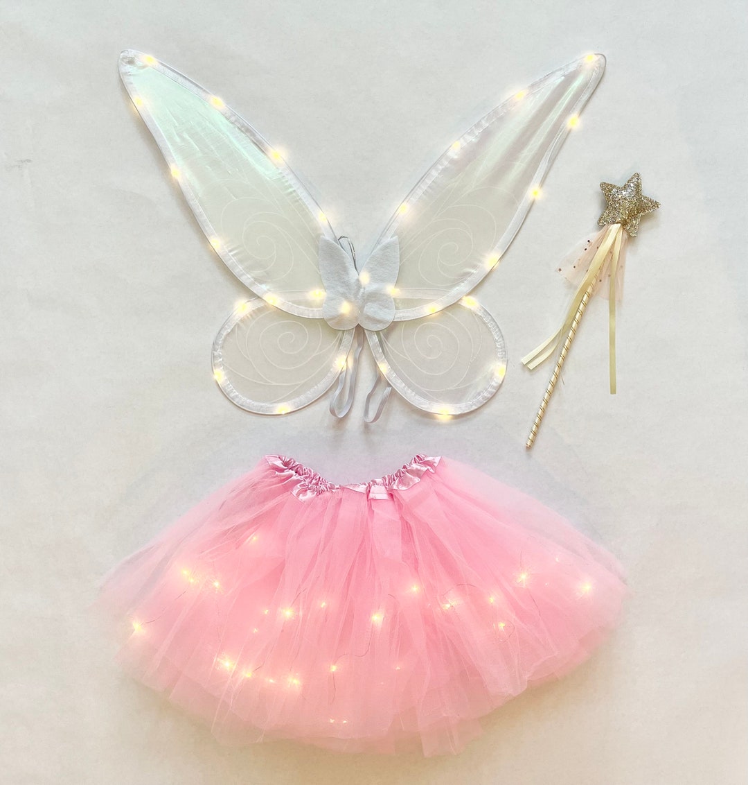White Light up Fairy Wing Costume With Gold Star Wand for Girls Pretend