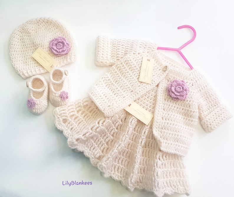 Crochet Baby Girl Dress Cardigan Booties and Hat. Crochet Etsy UK