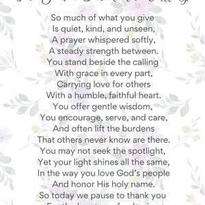 Pastor’s Wife Appreciation Poem Printable, Church First Lady Thank You Gift Download