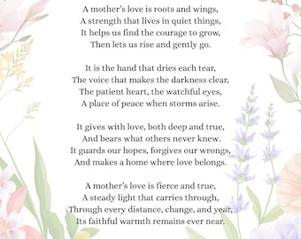 Poems About Mother's Love, Printable Poem for Mom, Gift, Digital Download
