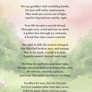 Pode incluir: Um poema impresso intitulado UNTIL THE LIGHT RETURNS, com texto preto sobre um fundo suave de aguarela com colinas verdes, flores cor-de-rosa e um sol amarelo pálido. O poema consiste em cinco estrofes sobre memória e paz.