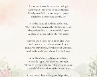 Poems About Mother's Love, Printable Poem for Mom, Gift, Digital Download