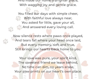Poema en memoria de mascota, imprimible, regalo de condolencia, descarga digital