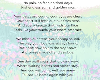 Poema inspirado en el Puente Arcoíris, Memorial para mascotas imprimible, Regalo de condolencia, Descarga digital