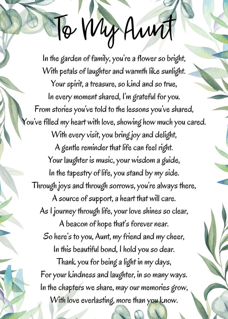 Poem for Aunt Print: Sentimental Aunt Gift (digital Download) - Etsy
