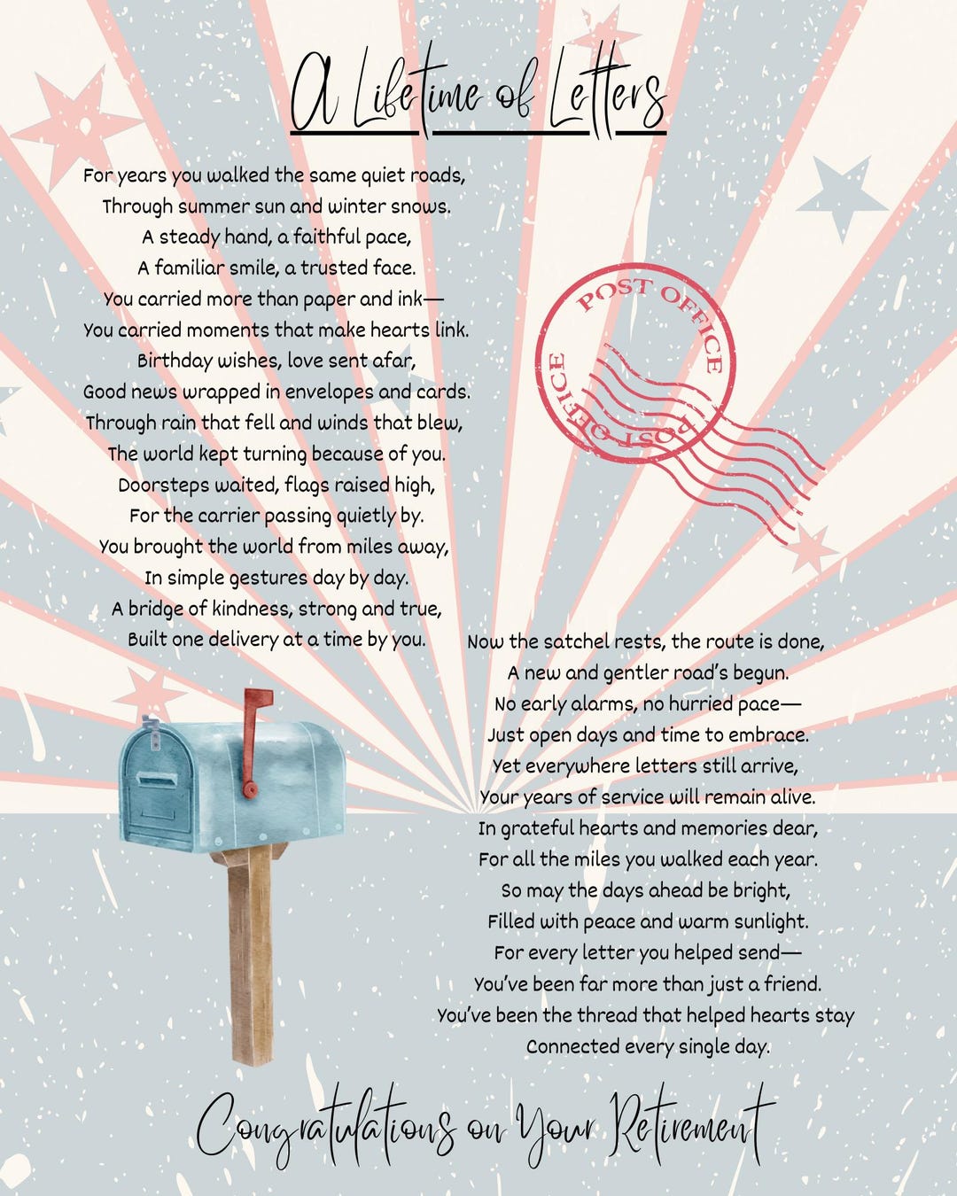 USPS Retirement Gift Printable Poem | Mail Carrier | Postal Worker ...