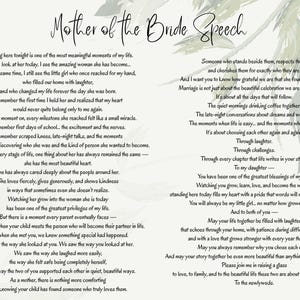 Op de afbeelding: Een gedrukt document met de titel Mother of the Bride Speech, voorzien van zwarte tekst op een witte achtergrond en een decoratieve groene aquarelillustratie van bladeren in de rechterbovenhoek. De tekst bevat een oprechte huwelijkstoespraak.