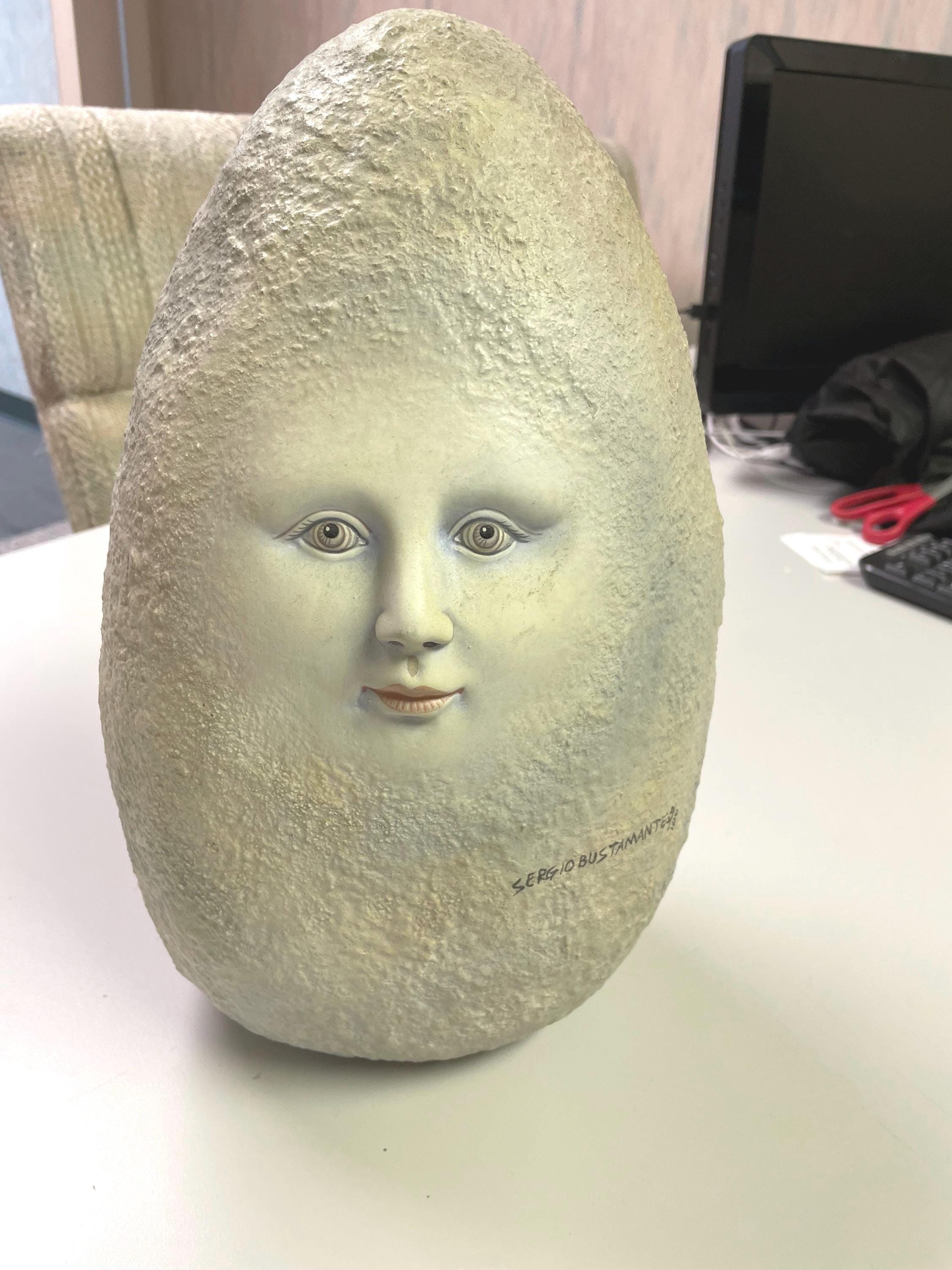 Sergio Bustamante Ceramic EGG Moon Face Sculpture Large Pastel