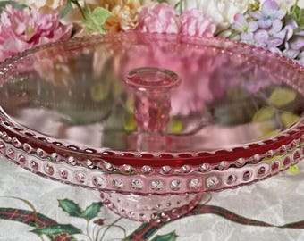 Pink L E Smith Glass Hobnail 11" Pedestal Cake Stand Exc