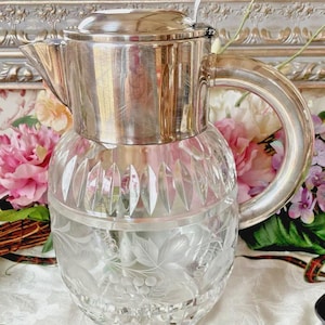 Vintage 1940s DRGM Germany Cut Crystal Silver Plated Pitcher With Ice Insert