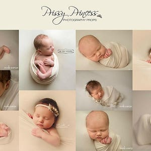 May include: A collage of nine images featuring newborn babies wrapped in white swaddles and wearing headbands. Some babies are sleeping, while others are awake and looking at the camera. The images are arranged in a grid pattern.