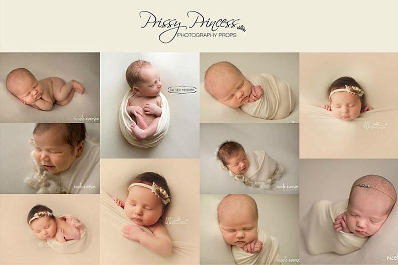 May include: A collage of nine images featuring newborn babies wrapped in white swaddles and wearing headbands. Some babies are sleeping, while others are awake and looking at the camera. The images are arranged in a grid pattern.