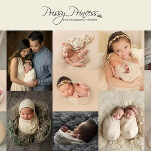 May include: A collage of images showcasing newborn baby photography props. The images feature babies wrapped in swaddles, sleeping in various poses, and wearing headbands. Some images include parents holding their babies. The text "Prissy Princess Photography Props" is displayed at the top of the collage.