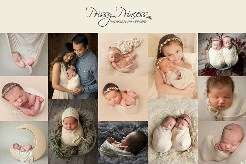 May include: A collage of images showcasing newborn baby photography props. The images feature babies wrapped in swaddles, sleeping in various poses, and wearing headbands. Some images include parents holding their babies. The text "Prissy Princess Photography Props" is displayed at the top of the collage.