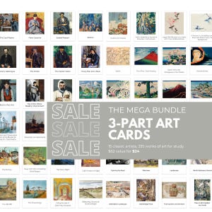 Mega Bundle de 3 tarjetas de arte: 16 artistas clásicos, 335 obras de arte para el aprendizaje Montessori