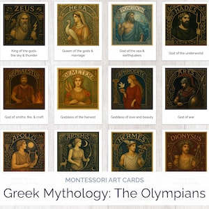 3-delige kaarten uit de Griekse mythologie Montessori | Olympische goden | Educatieve thuisschoolprints voor kinderen