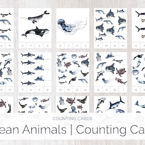 Tarjetas para contar y recortar / Animales del océano / Tarjetas Montessori imprimibles / Tarjetas para contar / Educación en el hogar