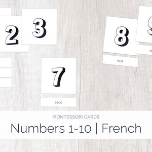 Noir | français | 1-10 Cartes Montessori | Langue étrangère | Éducation Montessori | École à la maison