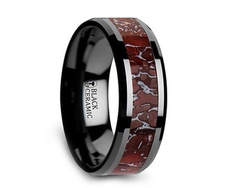 Red Dinosaur Bone Inlay Black Ceramic Wedding Band 8mm Ceramic Inlaid Ring Dinosaur Bone Inlay Red Inlay 8mm Mens Ceramic Ring